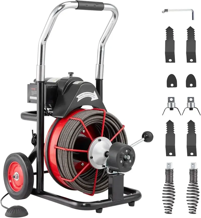 100-Foot Motorized Drain Snake Machine – Auto-Feed Sewer Auger with 8 Cutters, Foot Switch, and Transport Wheels