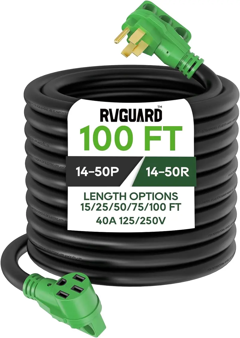 100-Foot NEMA 14-50 RV/EV Extension Cord – 40A Heavy-Duty Power Cable with LED Indicator and Integrated Cord Wrap