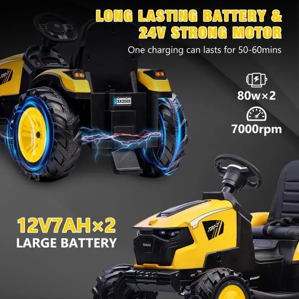 24V 3-in-1 Ride-On Tractor Toy – Excavator, Bulldozer & Tractor Modes with Remote, LED Lights, USB & Bluetooth (Yellow)