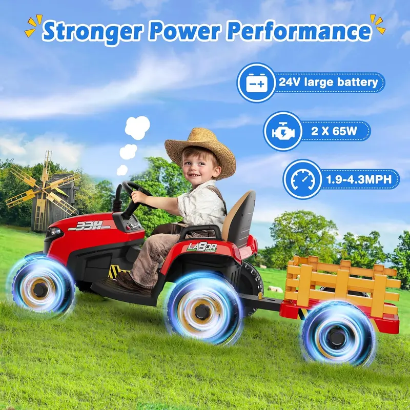 24V Ride-On Tractor for Kids – Tilting Trailer, Dual 65W Motors, Bluetooth Audio, Remote Control & Adjustable Speeds
