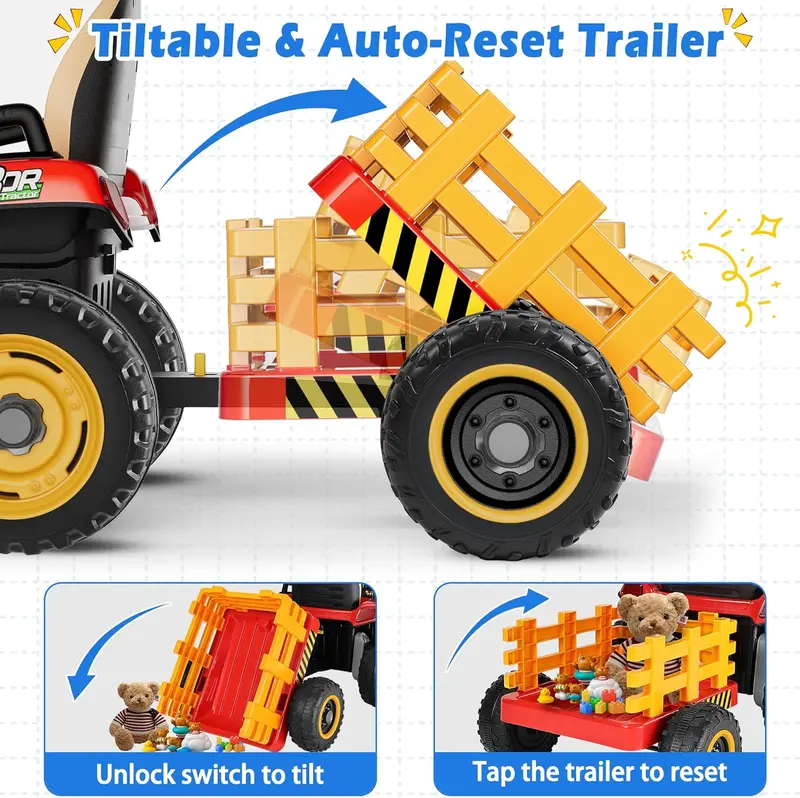 24V Ride-On Tractor for Kids – Tilting Trailer, Dual 65W Motors, Bluetooth Audio, Remote Control & Adjustable Speeds