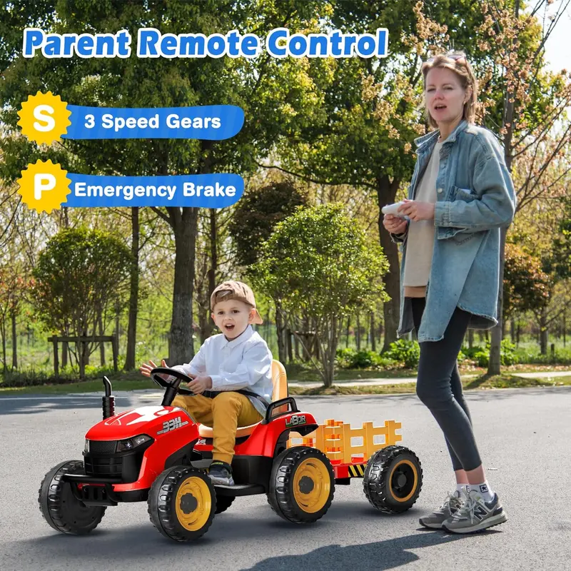 24V Ride-On Tractor for Kids – Tilting Trailer, Dual 65W Motors, Bluetooth Audio, Remote Control & Adjustable Speeds
