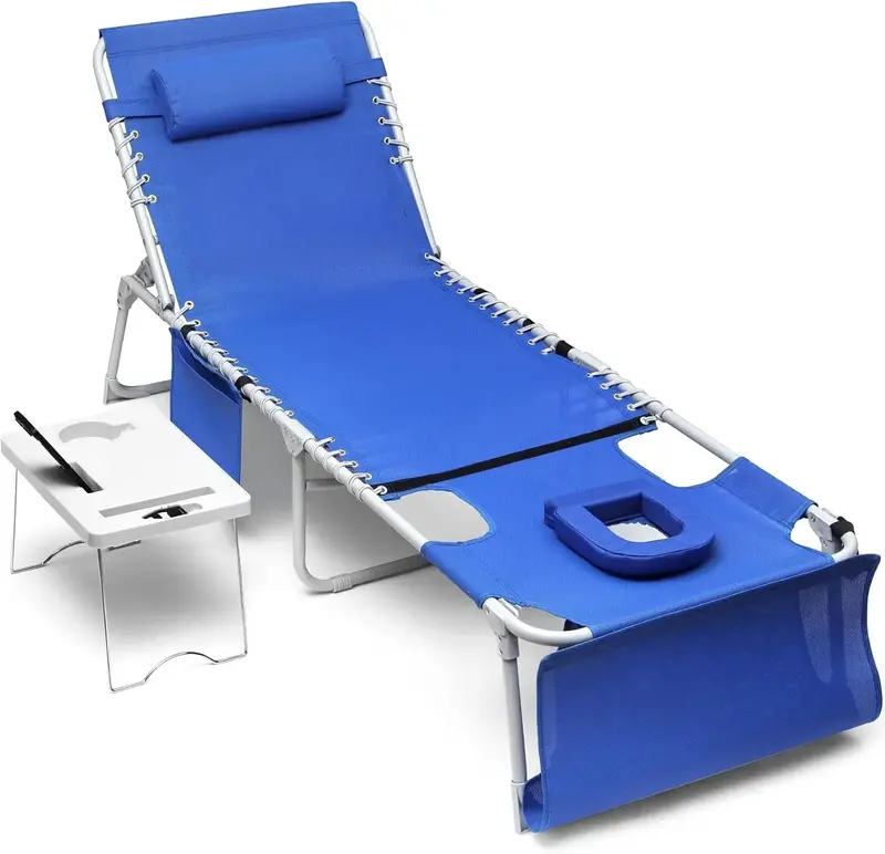 3-in-1 Folding Sun Lounger – Face-Hole Design, 5-Position Recline, Integrated Side Table & Pillow, 330 lb Weight Capacity
