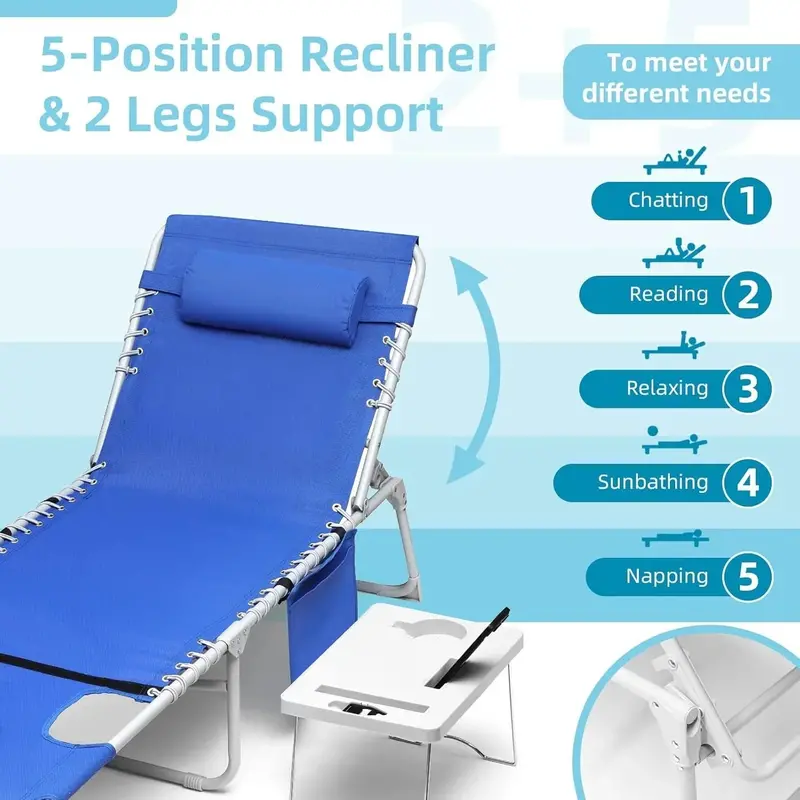 3-in-1 Folding Sun Lounger – Face-Hole Design, 5-Position Recline, Integrated Side Table & Pillow, 330 lb Weight Capacity