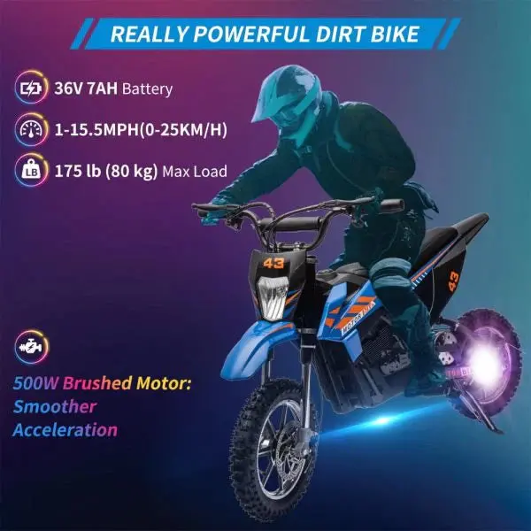 36V Kids’ Electric Dirt Bike – 350W Motor, 15.5 MPH Max Speed, LED Lighting & 175-Lb Load Capacity (Blue)