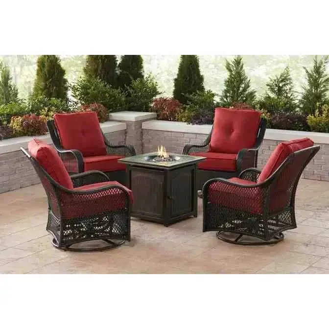 5-Piece Steel Fire Pit Conversation Set – Swiveling Glider Chairs, Square Center Table, and Navy Blue Cushioned Seating