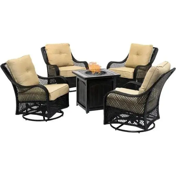5-Piece Steel Fire Pit Patio Set – Square Table with Swivel Glider Chairs & Navy Blue All-Weather Cushions
