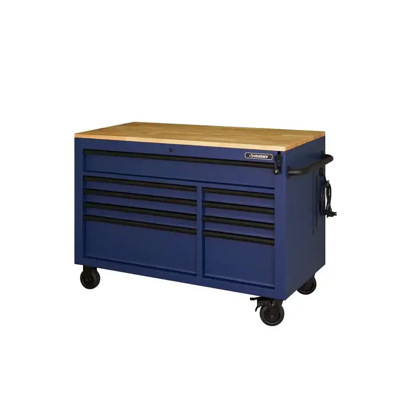 52-Inch 9-Drawer Rolling Workbench – Industrial-Strength Steel Frame with Solid Wood Surface & Matte Blue Coating