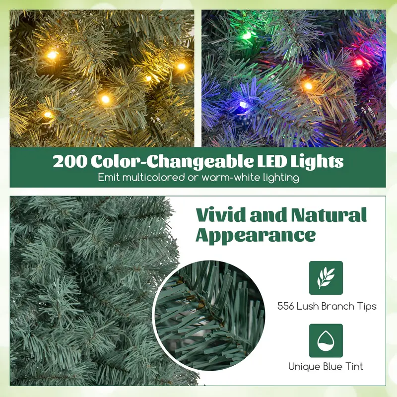 6.5-Foot Blue Slim Pencil Christmas Tree – Pre-Lit with 200 Warm White & Multicolor LEDs, 9 Lighting Options, 556 Branch Tips