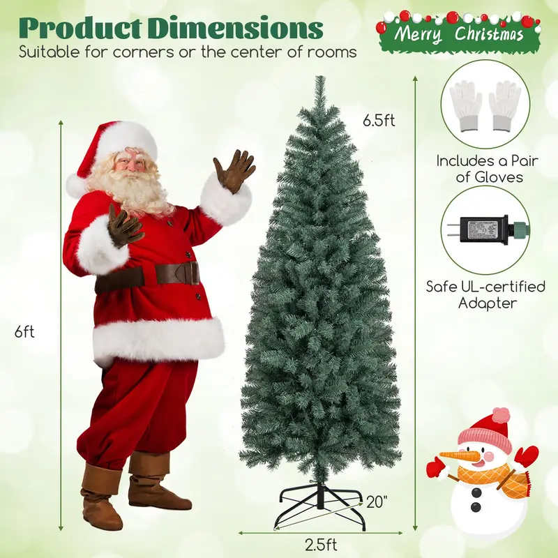 6.5-Foot Blue Slim Pencil Christmas Tree – Pre-Lit with 200 Warm White & Multicolor LEDs, 9 Lighting Options, 556 Branch Tips