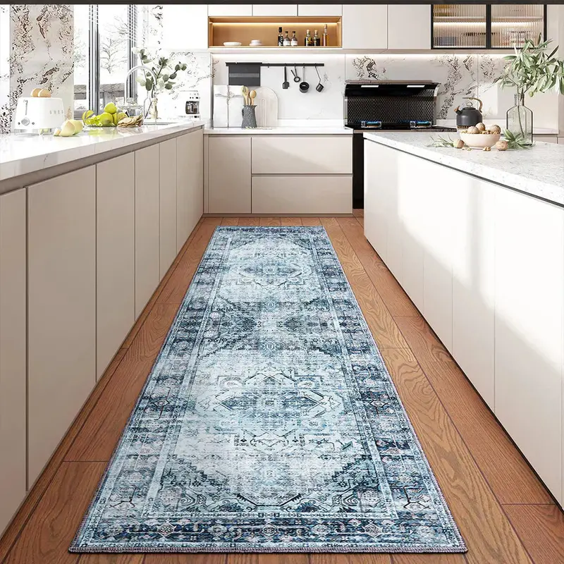 9x12 Vintage-Inspired Blue Floral Indoor Rug – Low-Pile, Washable Decorative Carpet