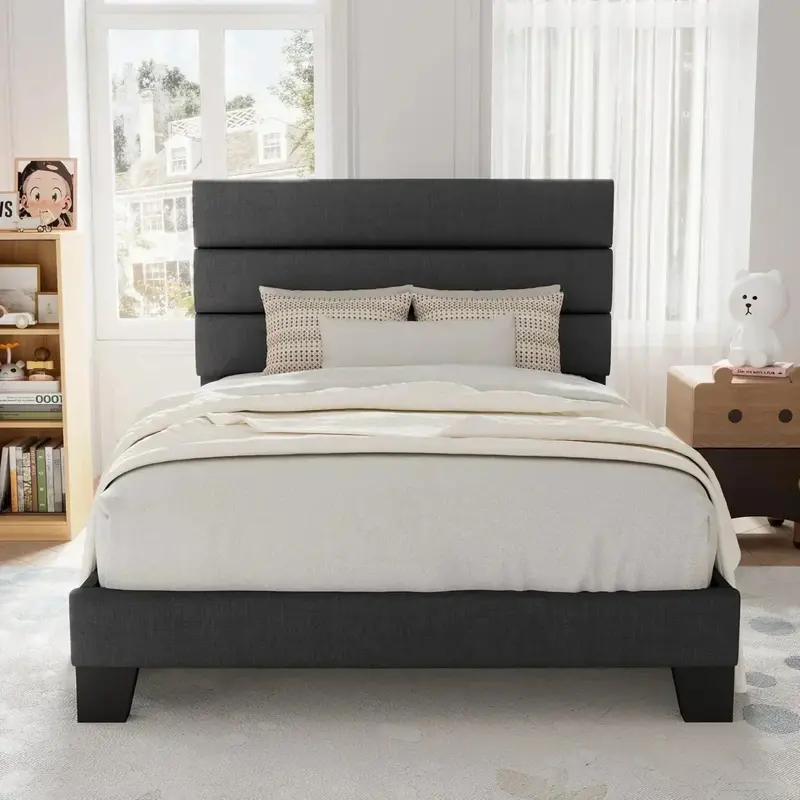 Allewie King-Size Platform Bed Frame – Velvet-Upholstered Headboard with Reinforced Solid Wood Slats