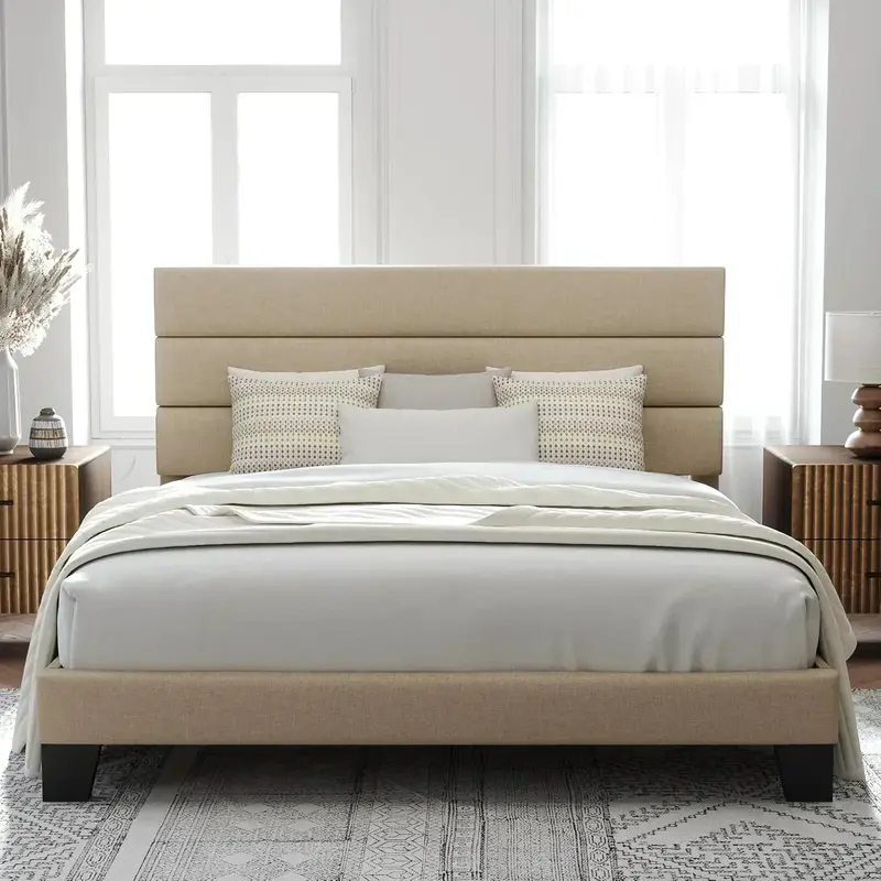 Allewie Queen Platform Bed Frame with Upholstered Headboard and Reinforced Solid Wood Slats