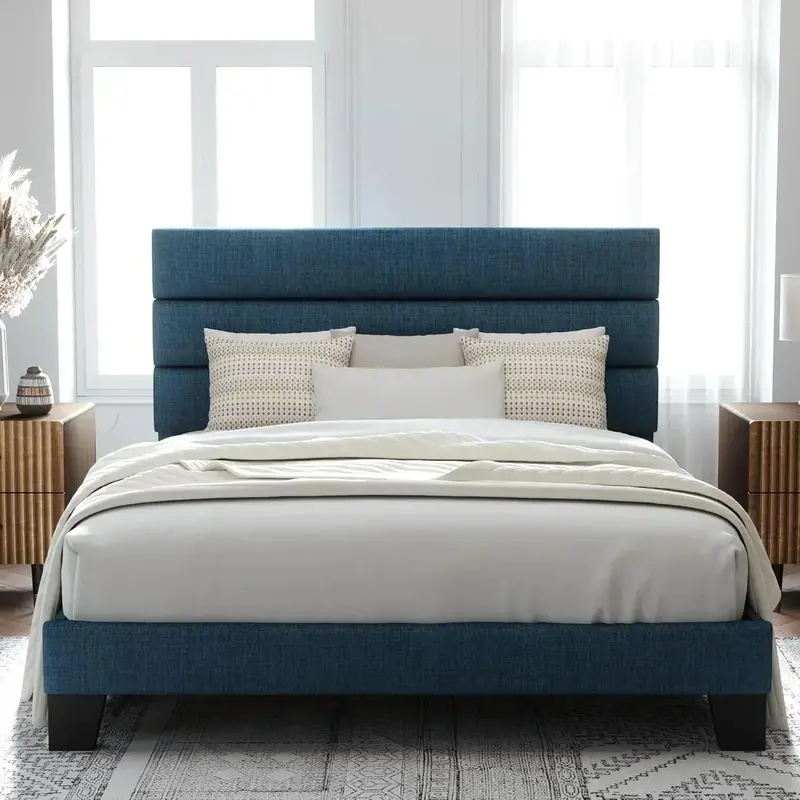 Allewie Queen Platform Bed Frame with Upholstered Headboard and Reinforced Solid Wood Slats