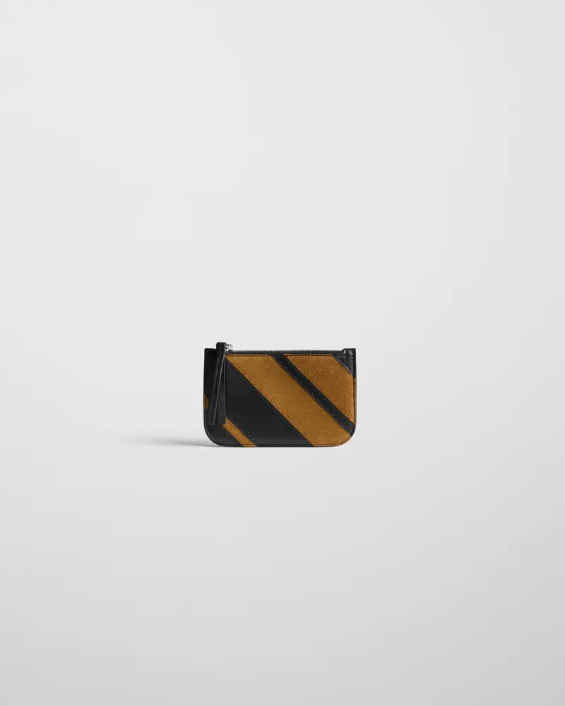 Bifold Card Holder In Black Leather And Toffee Suede