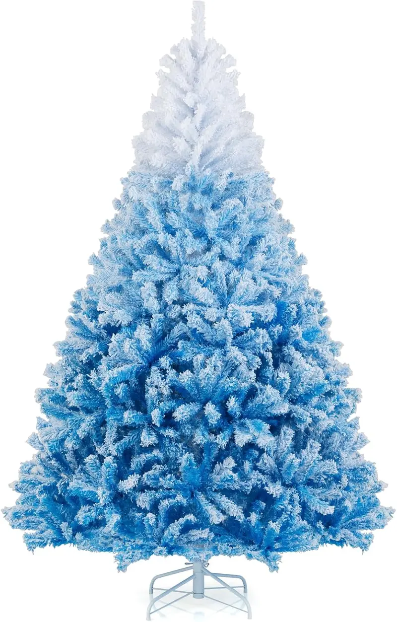 Blue-and-White Snow-Flocked Christmas Tree with Dense Tips and Collapsible Metal Stand