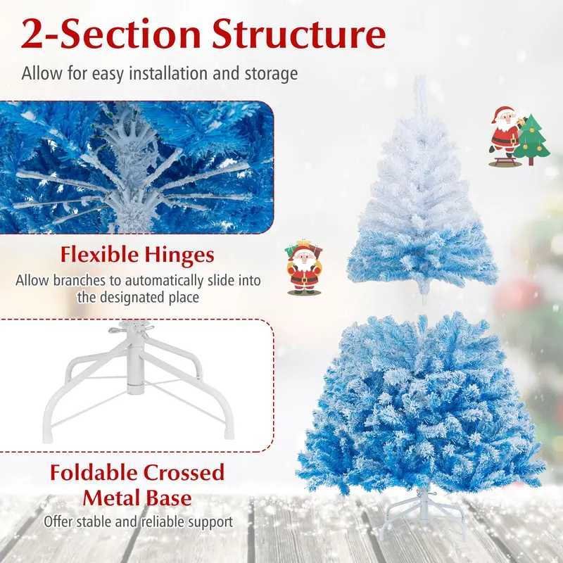 Blue-and-White Snow-Flocked Christmas Tree with Dense Tips and Collapsible Metal Stand