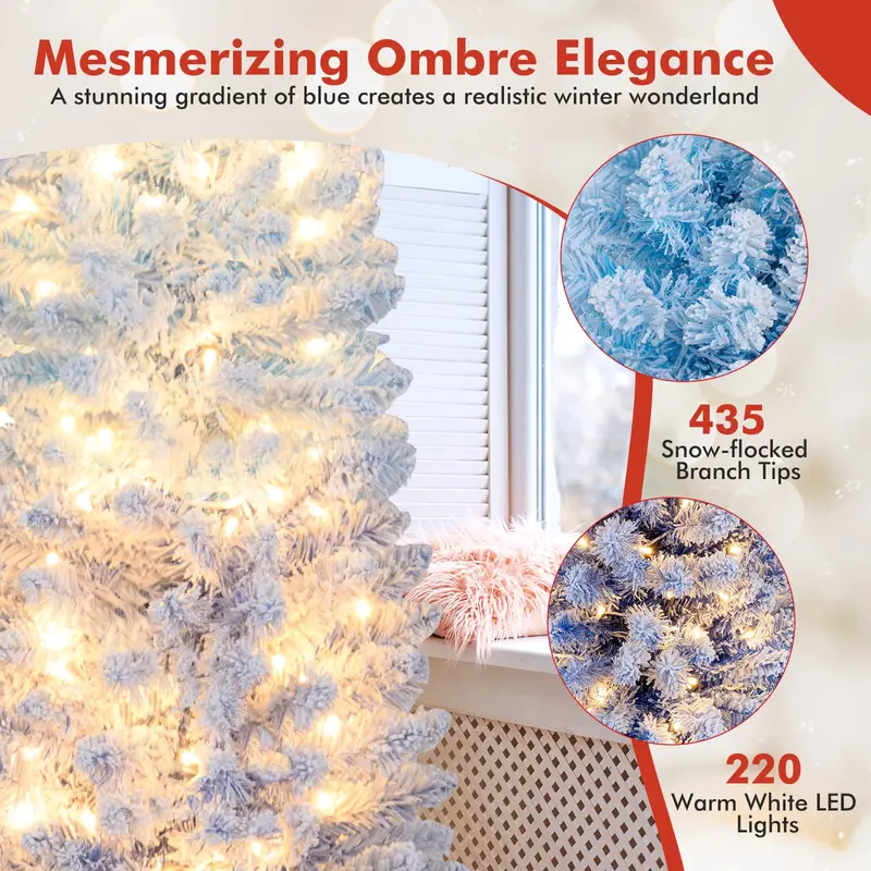 Blue Gradient Snow-Flocked Christmas Tree – 6’ or 7’ with Integrated Warm White LED Lighting