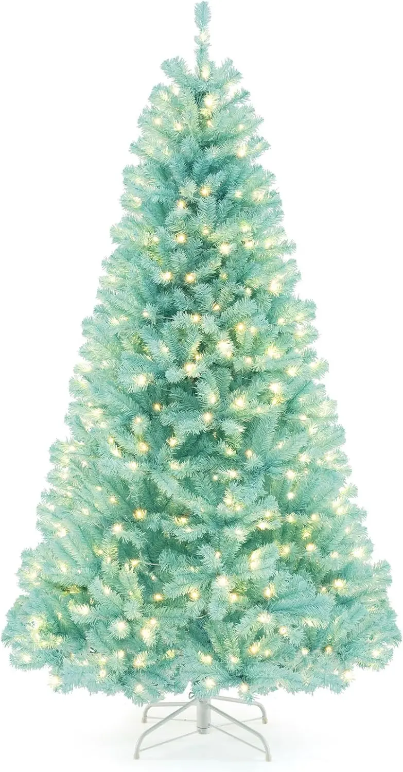 Blue Pre-Lit Christmas Tree — 6 ft to 7 ft Full Hinged Artificial Tree with 280–380 Warm White LEDs