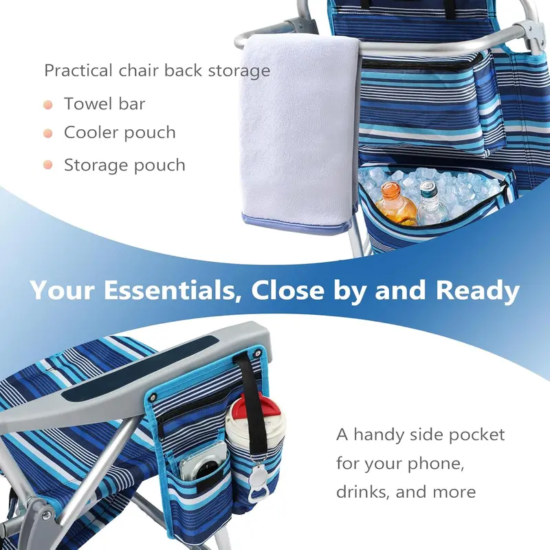 Blue Stripe Tall Aluminum Beach Chairs (2-Pack) – Lay-Flat Design with Cooler Pouch, Towel Bar & Smartphone Holder