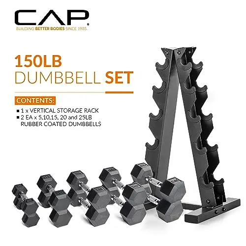 CAP Barbell 150LB Coated Hex Dumbbell Set with Space-Saving Vertical Rack