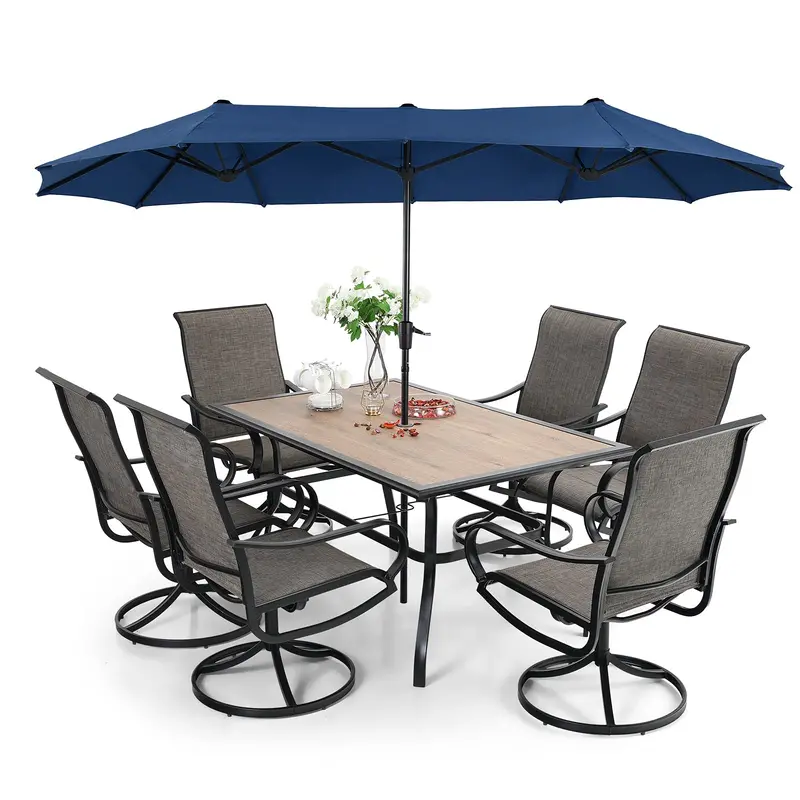 Complete Outdoor Dining Set – 8-Piece Patio Table and Chair Ensemble with Swivel Sling Seating and Canopy Umbrella