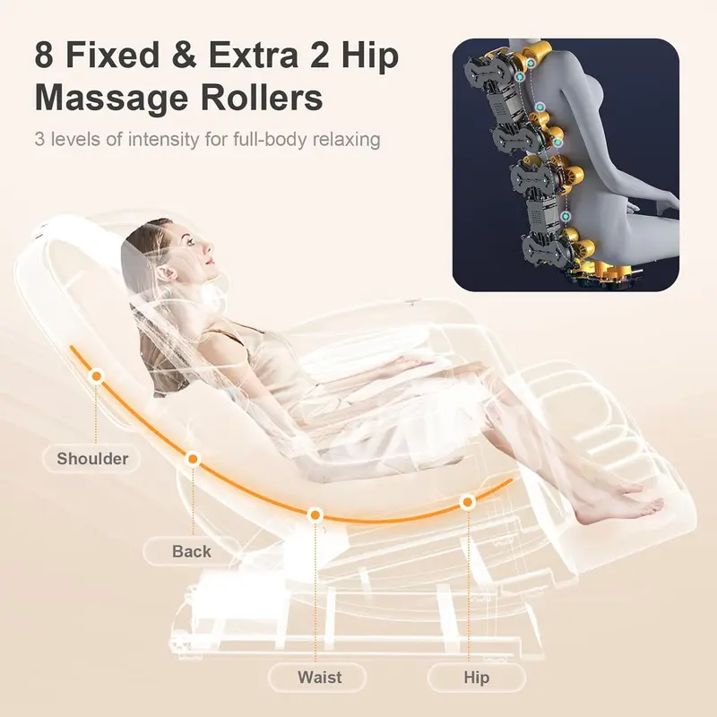 Full-Body Zero Gravity Massage Chair Featuring 10-Point Roller System, Heat Therapy, Bluetooth Audio, and Touchscreen Control
