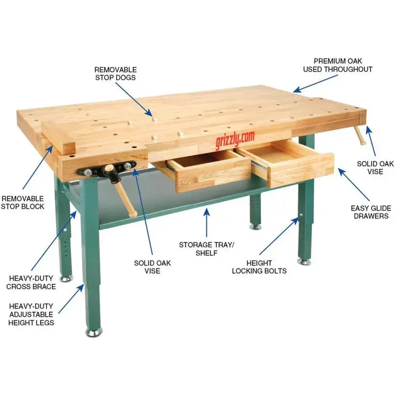 Grizzly T10157 Professional Oak Workbench with Steel Frame Construction
