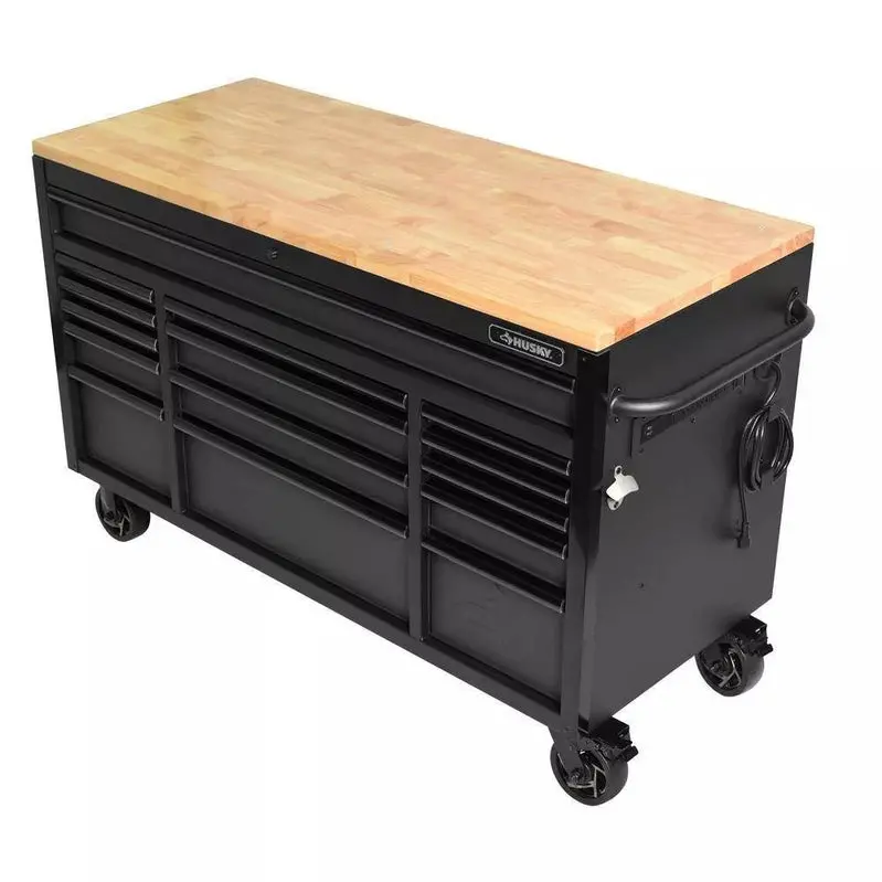 Heavy-Duty 61" Mobile Workbench – 15-Drawer Steel Cabinet with Solid Wood Work Surface