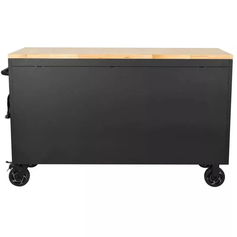 Heavy-Duty 61" Mobile Workbench – 15-Drawer Steel Cabinet with Solid Wood Work Surface