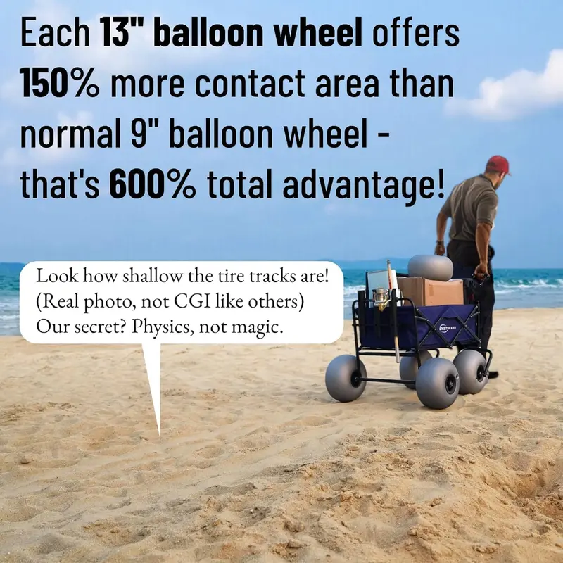 Heavy-Duty Beach Cart — 13" Balloon Tires, Chair Mounts, and Integrated Air Pump 2
