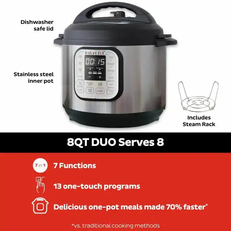 Instant Pot Duo 8QT Multi-Cooker – Stainless Steel 7-in-1 Smart Appliance with Pre-Programmed Cooking Modes