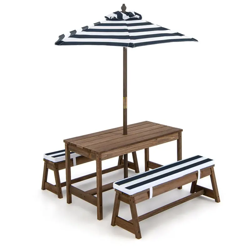 Kids’ Outdoor Picnic Table & Bench Set – Wooden Play Table with Cushioned Seats & Height-Adjustable Umbrella 2
