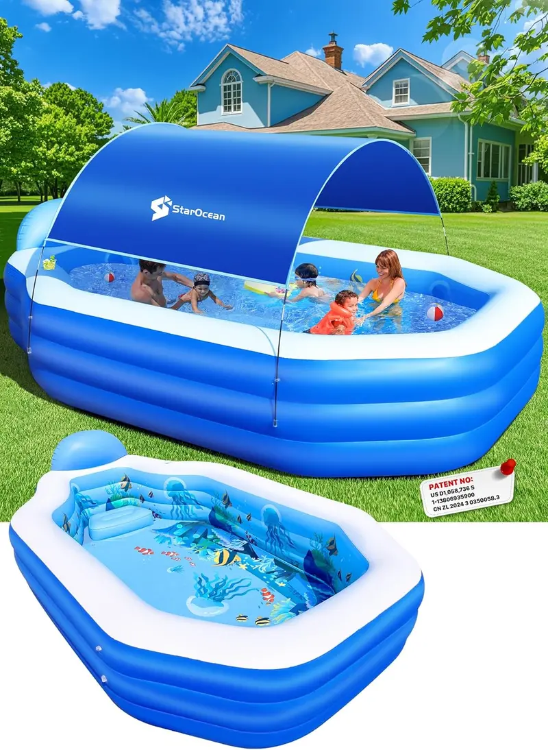 Large Canopy Inflatable Family Pool – Blow-Up Swimming Pool with Integrated Seats and Ergonomic Backrests (118" × 75" × 22", Deep Blue)