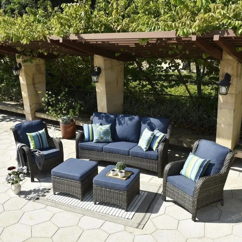 Latimer Wicker 5-Piece Outdoor Patio Set – Weather-Resistant Rattan Seating with UV-Stable Cushions and Powder-Coated Frames 2