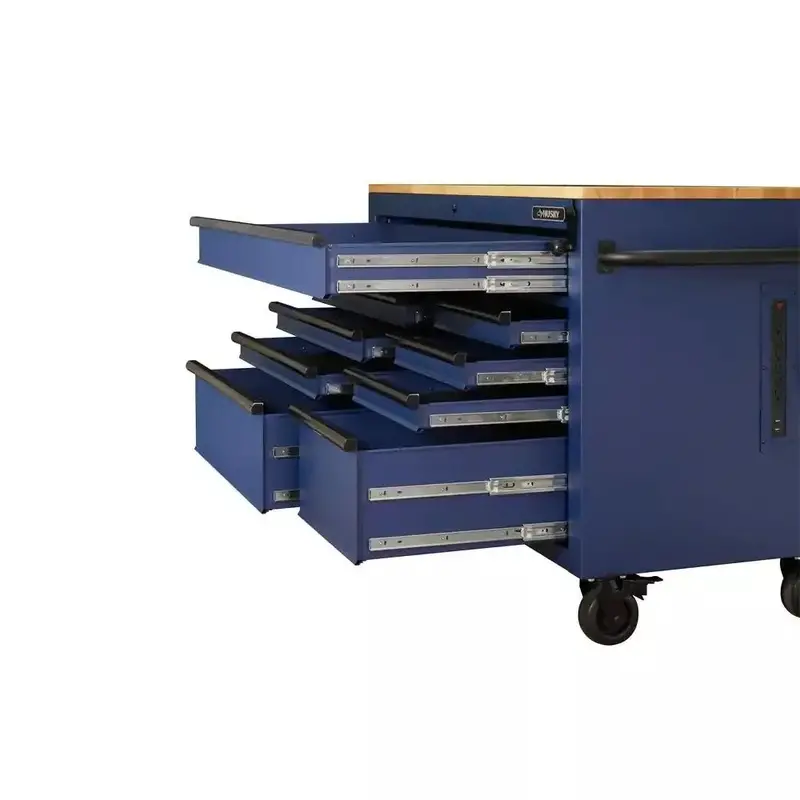 Matte Blue 52-Inch 9-Drawer Mobile Workbench – Heavy-Duty Rolling Station with Adjustable Solid Wood Work Surface