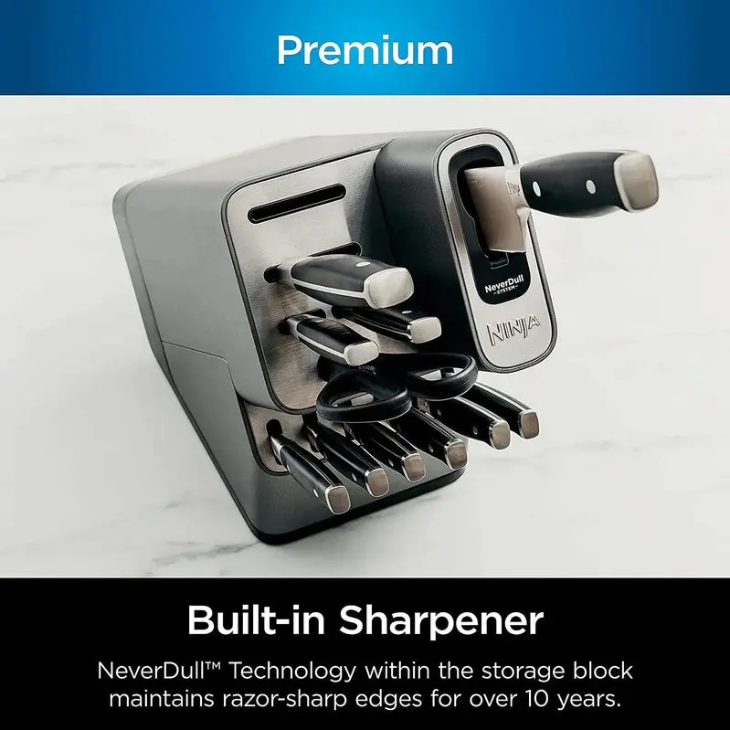 Ninja NeverDull Premium 17-Piece Knife System – Ergonomic Handles, Built-in Sharpener, Stainless Steel Blades with Black Matte Finish