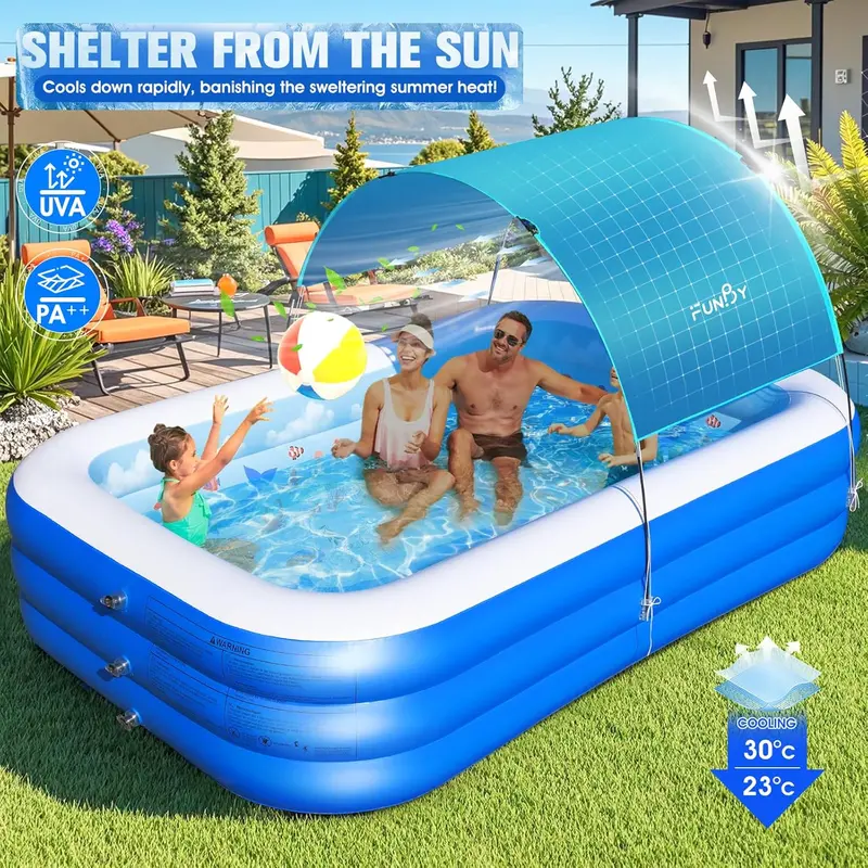 Ocean-Inspired Inflatable Family Pool with Sunshade Canopy – Extra-Large Backyard Splash Pool (105" x 75" x 25"), Reinforced Walls, Vibrant Blue Finish