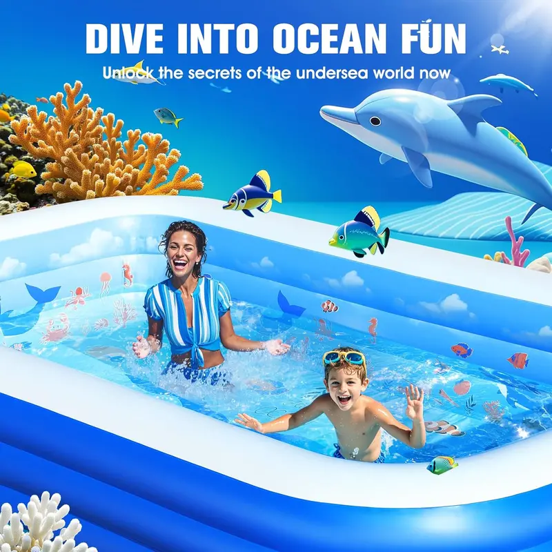 Ocean-Inspired Inflatable Family Pool with Sunshade Canopy – Extra-Large Backyard Splash Pool (105" x 75" x 25"), Reinforced Walls, Vibrant Blue Finish