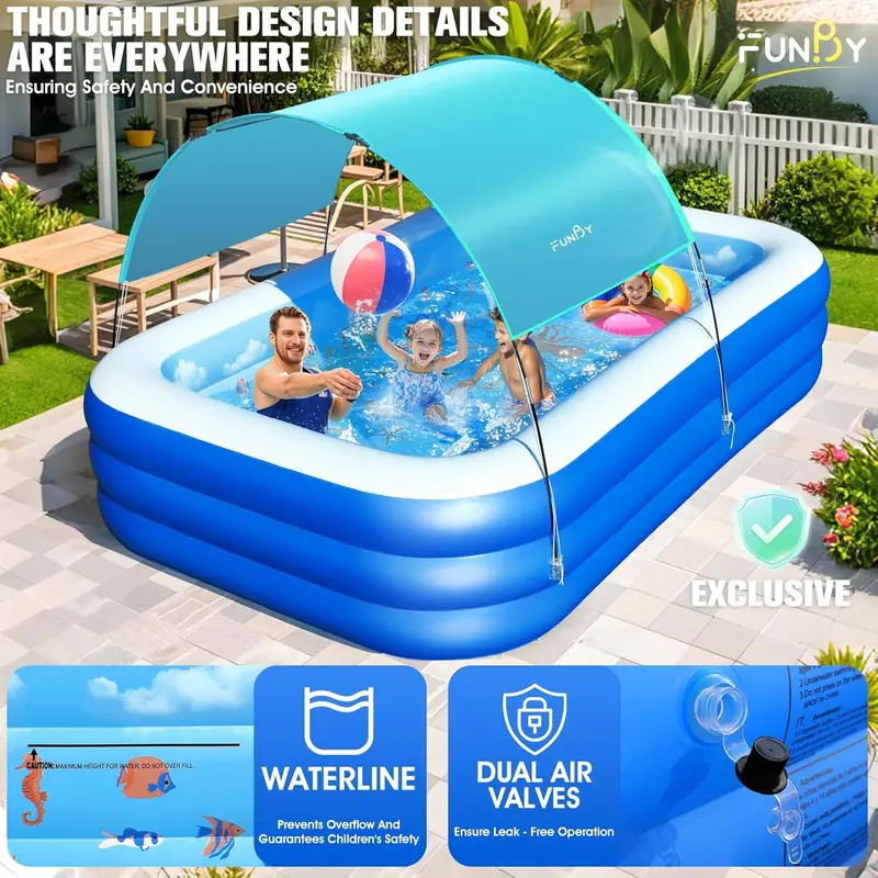 Ocean-Inspired Inflatable Family Pool with Sunshade Canopy – Extra-Large Backyard Splash Pool (105" x 75" x 25"), Reinforced Walls, Vibrant Blue Finish