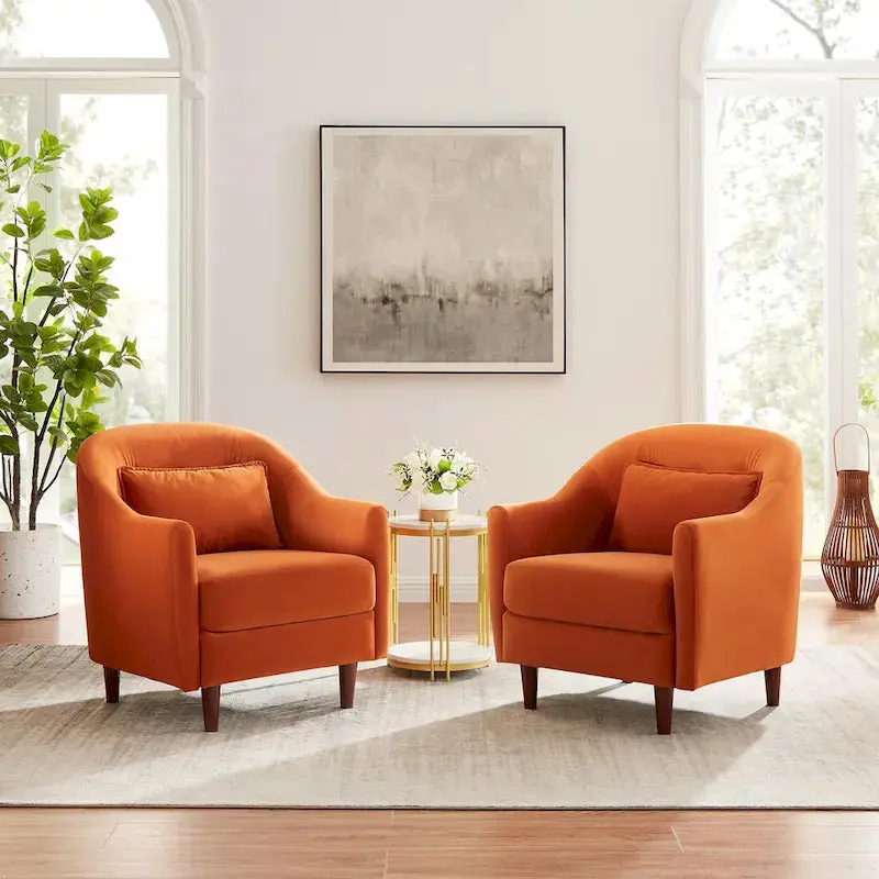 Pair of Velvet Barrel Accent Chairs — Elegant Solid Wood Legs and Tailored Upholstery