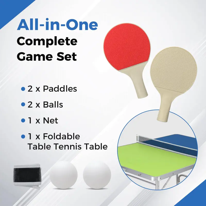Pre-Assembled Foldable Ping Pong Table – Comes with Adjustable Net and Dual-Color Paddles (47" Blue/Green)