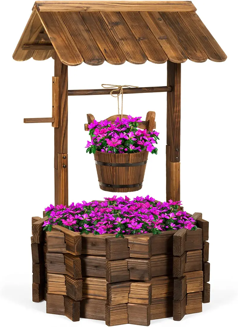 Rustic Wooden Wishing Well Planter with Hanging Bucket – Outdoor Garden & Patio Decor