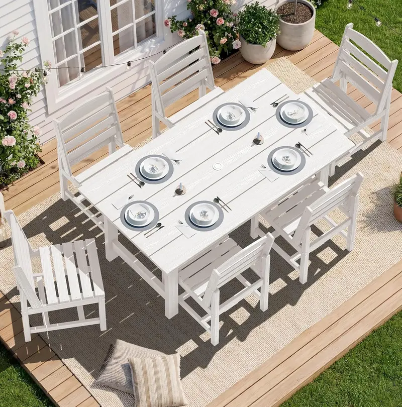 SERWALL Blue HDPE 7-Piece Outdoor Dining Set: Weatherproof Patio Table with Umbrella Hole + Six Stackable Chairs