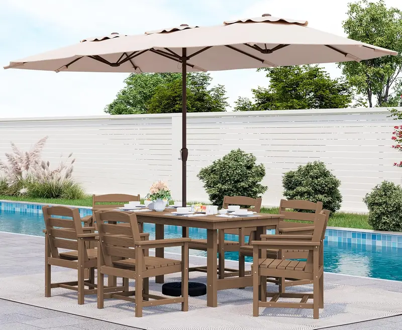 SERWALL Blue HDPE 7-Piece Outdoor Dining Set: Weatherproof Patio Table with Umbrella Hole + Six Stackable Chairs