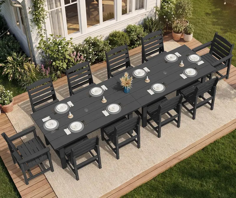 SERWALL Blue HDPE 7-Piece Outdoor Dining Set: Weatherproof Patio Table with Umbrella Hole + Six Stackable Chairs