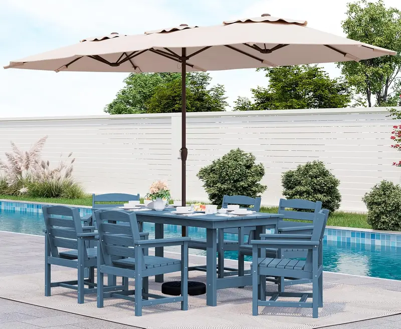 SERWALL Blue HDPE 7-Piece Outdoor Dining Set: Weatherproof Patio Table with Umbrella Hole + Six Stackable Chairs