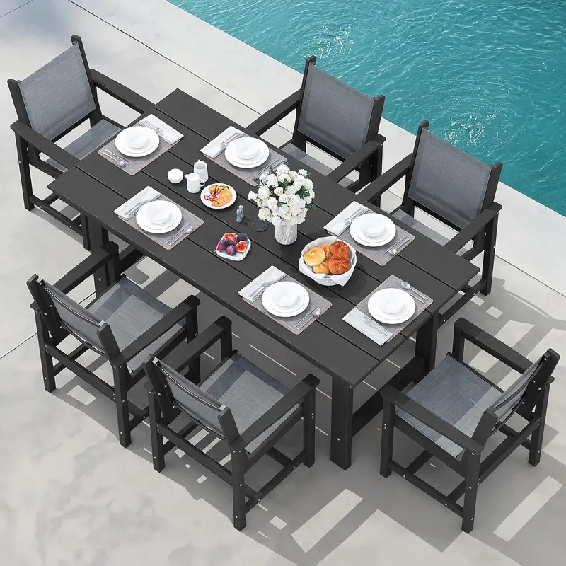 SERWALL Blue HDPE 7-Piece Outdoor Dining Set: Weatherproof Patio Table with Umbrella Hole + Six Stackable Chairs
