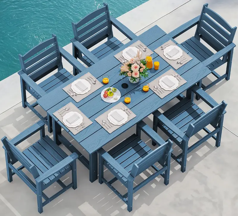 SERWALL Blue HDPE 7-Piece Outdoor Dining Set: Weatherproof Patio Table with Umbrella Hole + Six Stackable Chairs