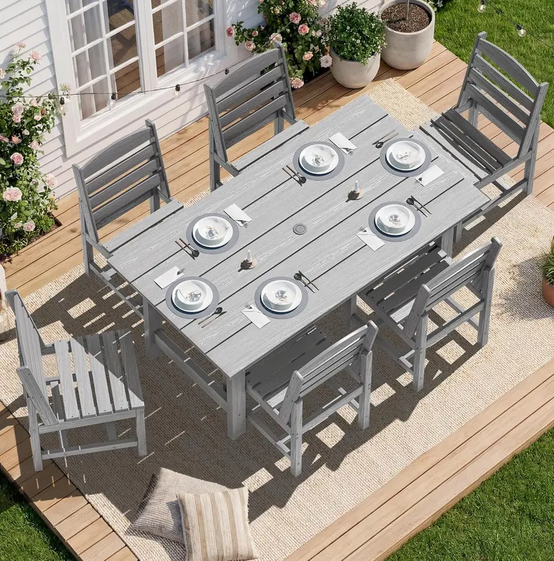 SERWALL Blue HDPE 7-Piece Outdoor Dining Set: Weatherproof Patio Table with Umbrella Hole + Six Stackable Chairs